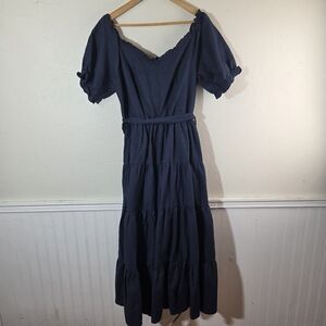 City Chic Womens Smocked Tiered Midi Dress Navy Linen Blend Puff Sleeve NWT XS